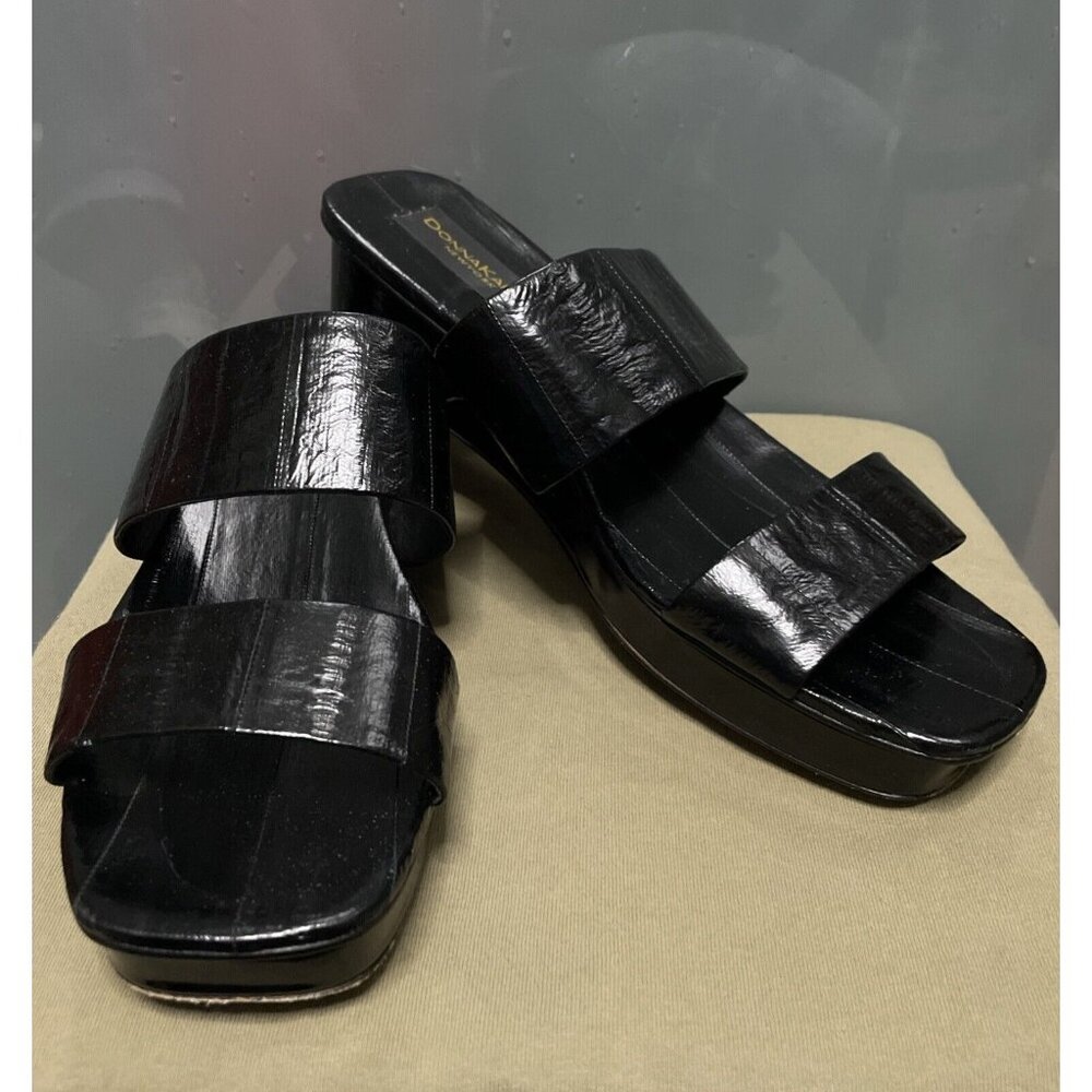 Donna Karan Vintage 90s Y2K Black Eel Skin Flat Platform Slides Sandals Size 10